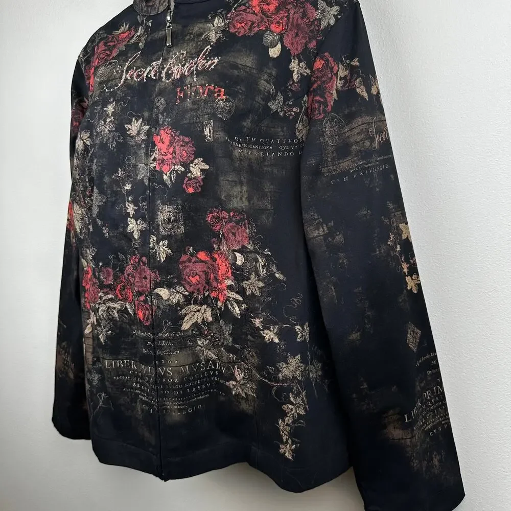 VTG Cactus Jacket Blazer Full Zip Secret Garden Floral Rinestones Black L Artsy - Picture 5 of 13